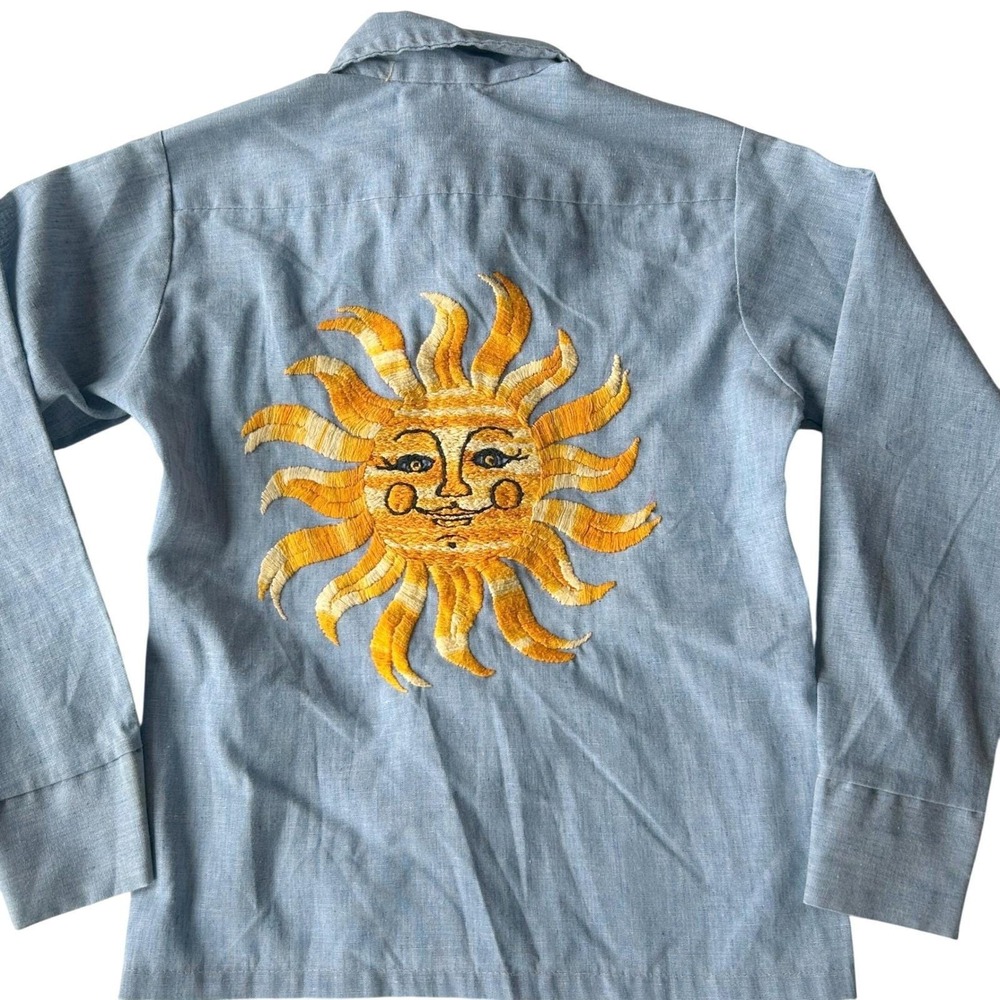 Kids Vintage 70s Button Down Blue Sun Embroidered Back Boho Western Vanderbilt